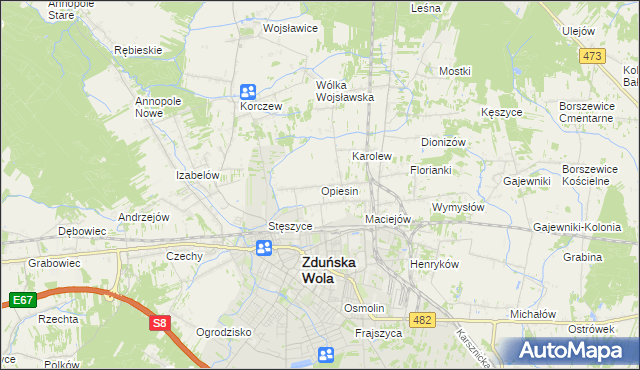 mapa Opiesin gmina Zduńska Wola, Opiesin gmina Zduńska Wola na mapie Targeo