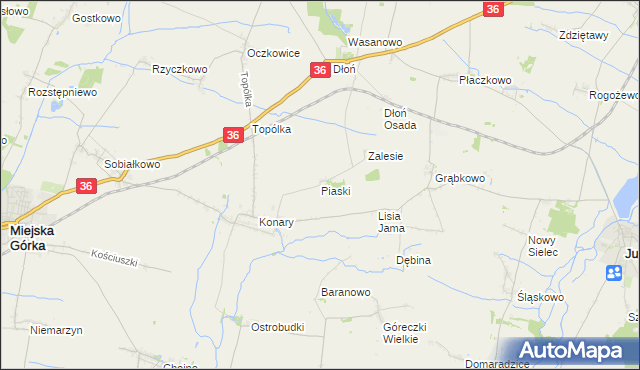 mapa Piaski gmina Miejska Górka, Piaski gmina Miejska Górka na mapie Targeo