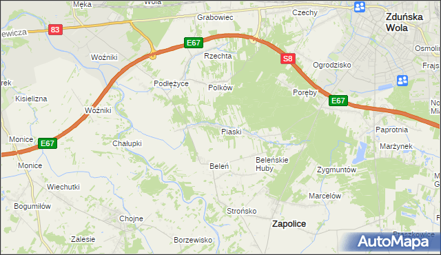 mapa Piaski gmina Zduńska Wola, Piaski gmina Zduńska Wola na mapie Targeo