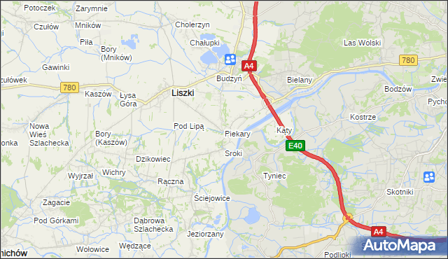 mapa Piekary gmina Liszki, Piekary gmina Liszki na mapie Targeo