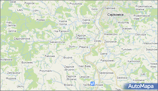 mapa Pławna gmina Ciężkowice, Pławna gmina Ciężkowice na mapie Targeo