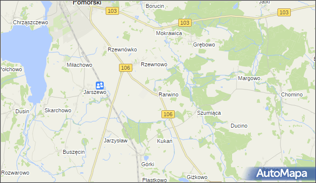 mapa Rarwino gmina Kamień Pomorski, Rarwino gmina Kamień Pomorski na mapie Targeo