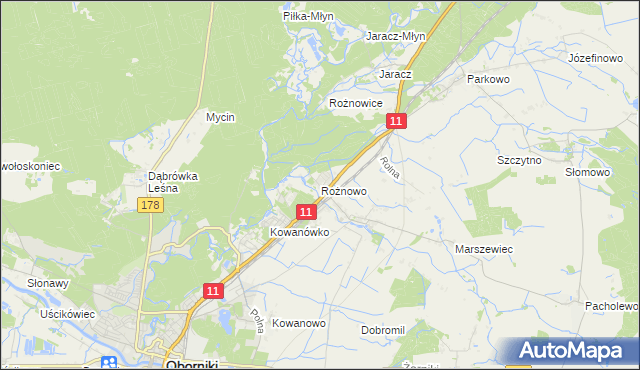 mapa Rożnowo gmina Oborniki, Rożnowo gmina Oborniki na mapie Targeo