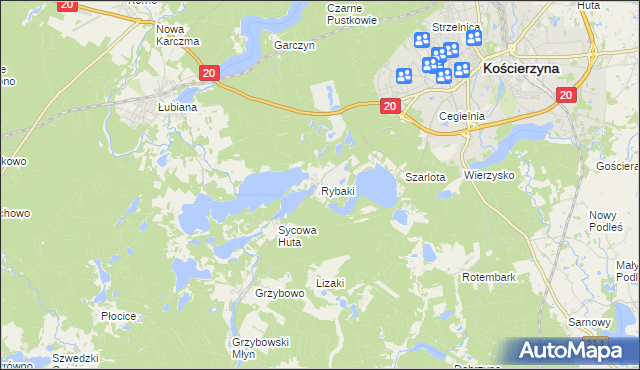 mapa Rybaki gmina Kościerzyna, Rybaki gmina Kościerzyna na mapie Targeo