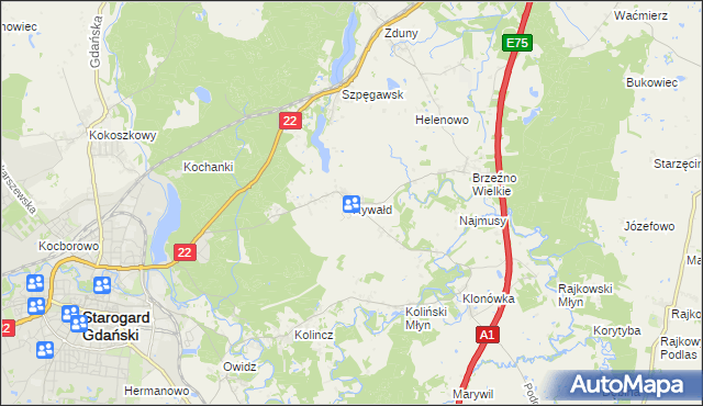 mapa Rywałd gmina Starogard Gdański, Rywałd gmina Starogard Gdański na mapie Targeo