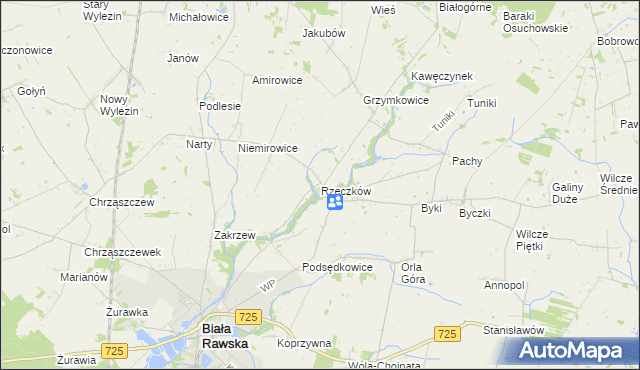 mapa Rzeczków gmina Biała Rawska, Rzeczków gmina Biała Rawska na mapie Targeo