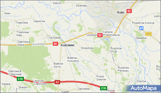 mapa Straszków gmina Kościelec, Straszków gmina Kościelec na mapie Targeo