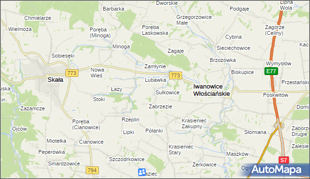 mapa Sułkowice gmina Iwanowice, Sułkowice gmina Iwanowice na mapie Targeo