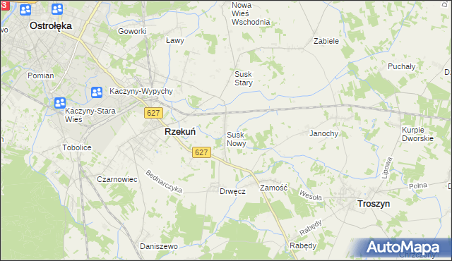 mapa Susk Nowy gmina Rzekuń, Susk Nowy gmina Rzekuń na mapie Targeo