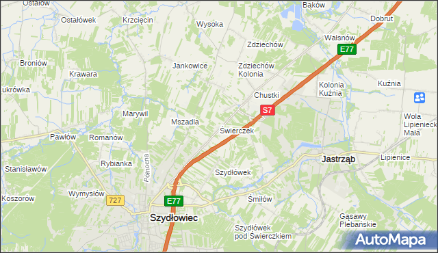 mapa Świerczek gmina Szydłowiec, Świerczek gmina Szydłowiec na mapie Targeo