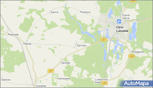 mapa Świniary gmina Ośno Lubuskie, Świniary gmina Ośno Lubuskie na mapie Targeo