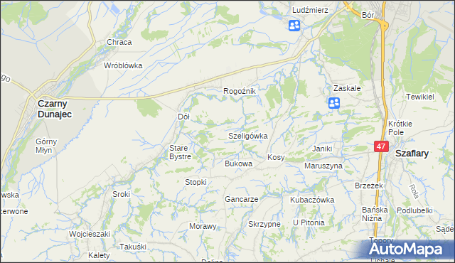 mapa Szeligówka gmina Czarny Dunajec, Szeligówka gmina Czarny Dunajec na mapie Targeo