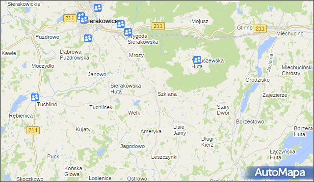 mapa Szklana gmina Sierakowice, Szklana gmina Sierakowice na mapie Targeo