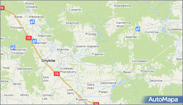 mapa Trawniki gmina Smyków, Trawniki gmina Smyków na mapie Targeo