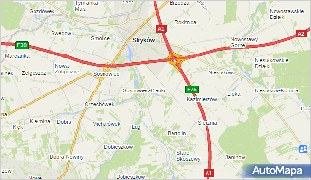 mapa Warszewice gmina Stryków, Warszewice gmina Stryków na mapie Targeo