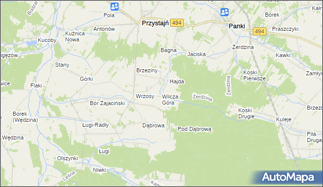 mapa Wilcza Góra gmina Przystajń, Wilcza Góra gmina Przystajń na mapie Targeo