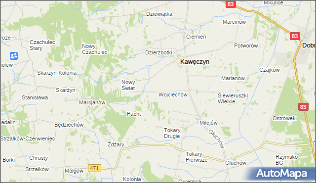 mapa Wojciechów gmina Kawęczyn, Wojciechów gmina Kawęczyn na mapie Targeo