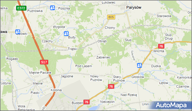 mapa Żabieniec gmina Parysów, Żabieniec gmina Parysów na mapie Targeo