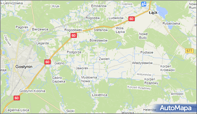 mapa Zwoleń gmina Gostynin, Zwoleń gmina Gostynin na mapie Targeo