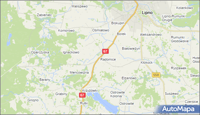 mapa Radomice gmina Lipno, Radomice gmina Lipno na mapie Targeo