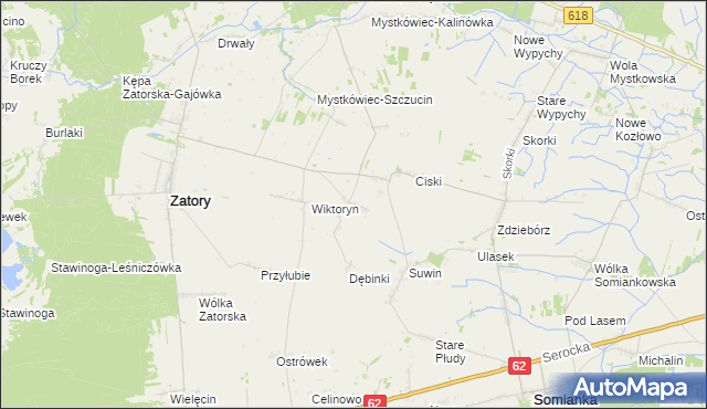 mapa Dębiny gmina Zatory, Dębiny gmina Zatory na mapie Targeo