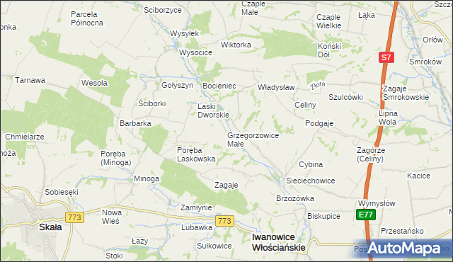 mapa Grzegorzowice Małe, Grzegorzowice Małe na mapie Targeo