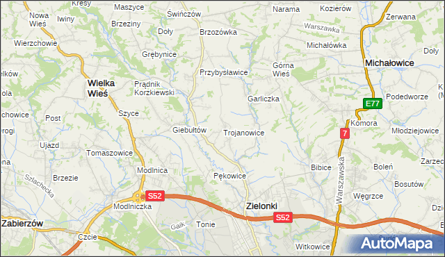 mapa Trojanowice gmina Zielonki, Trojanowice gmina Zielonki na mapie Targeo