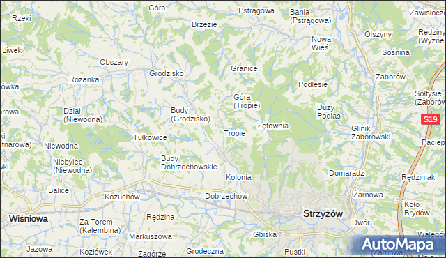 mapa Tropie gmina Strzyżów, Tropie gmina Strzyżów na mapie Targeo