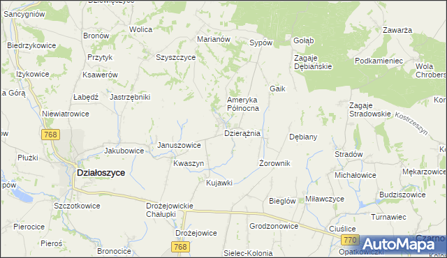 mapa Dzierążnia gmina Działoszyce, Dzierążnia gmina Działoszyce na mapie Targeo