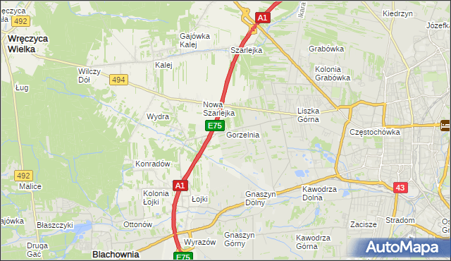 mapa Gorzelnia gmina Blachownia, Gorzelnia gmina Blachownia na mapie Targeo