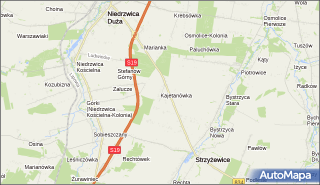 mapa Kajetanówka gmina Strzyżewice, Kajetanówka gmina Strzyżewice na mapie Targeo