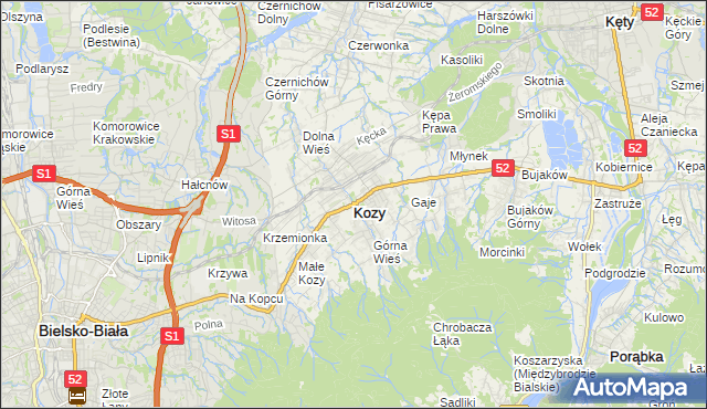 mapa Kozy powiat bielski, Kozy powiat bielski na mapie Targeo