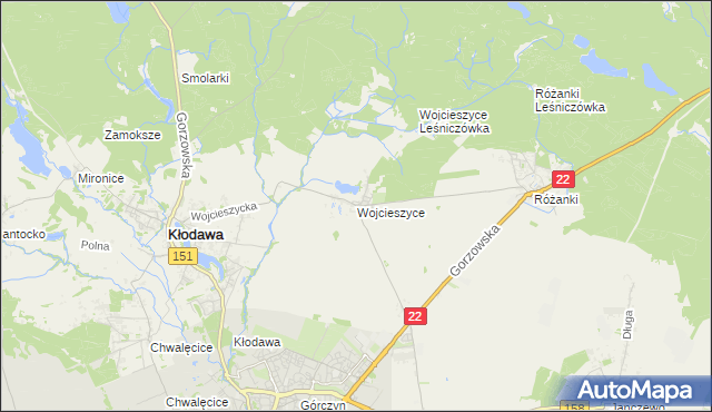 mapa Wojcieszyce gmina Kłodawa, Wojcieszyce gmina Kłodawa na mapie Targeo