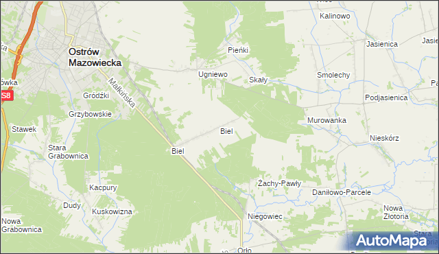 mapa Biel gmina Ostrów Mazowiecka, Biel gmina Ostrów Mazowiecka na mapie Targeo