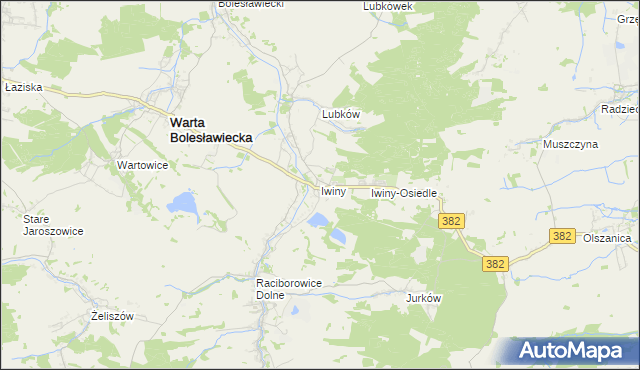 mapa Iwiny gmina Warta Bolesławiecka, Iwiny gmina Warta Bolesławiecka na mapie Targeo