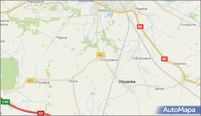 mapa Krzyżowice gmina Olszanka, Krzyżowice gmina Olszanka na mapie Targeo