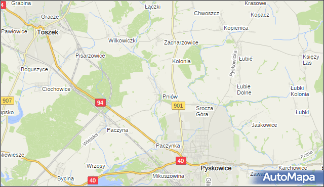 mapa Pniów gmina Toszek, Pniów gmina Toszek na mapie Targeo