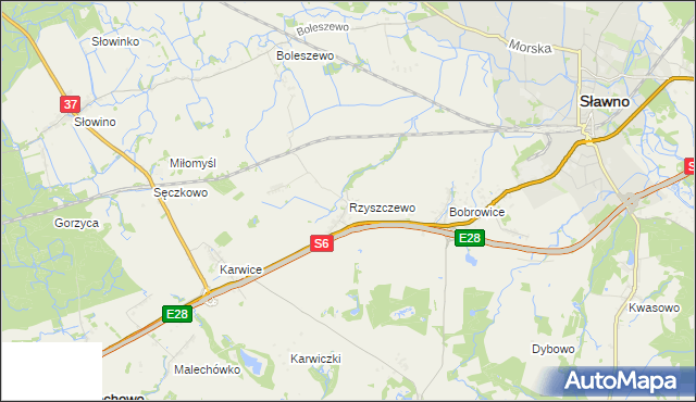 mapa Rzyszczewo gmina Sławno, Rzyszczewo gmina Sławno na mapie Targeo