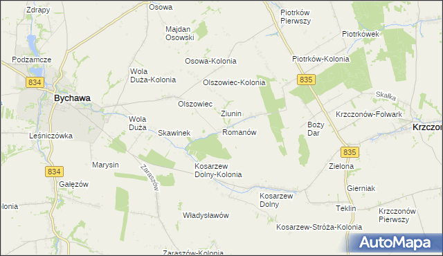 mapa Romanów gmina Bychawa, Romanów gmina Bychawa na mapie Targeo