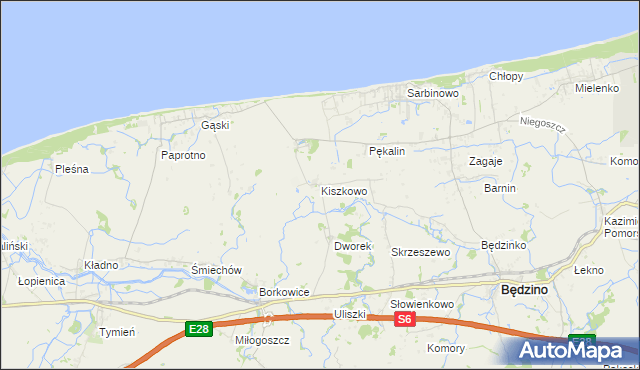 mapa Kiszkowo gmina Będzino, Kiszkowo gmina Będzino na mapie Targeo