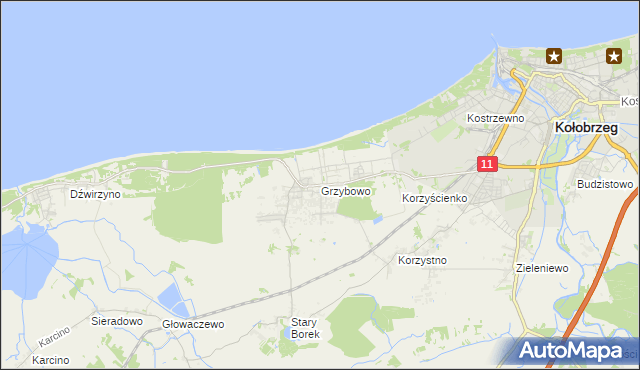 mapa Grzybowo gmina Kołobrzeg, Grzybowo gmina Kołobrzeg na mapie Targeo