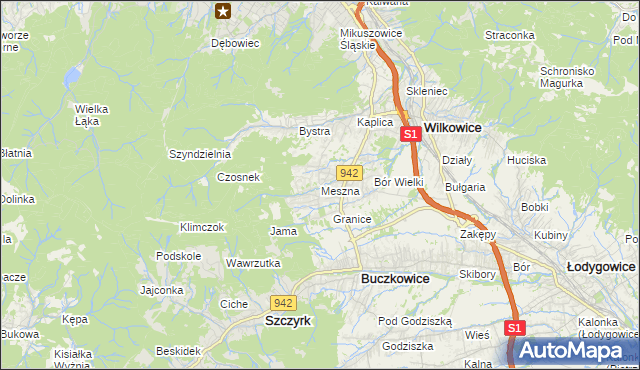 mapa Meszna gmina Wilkowice, Meszna gmina Wilkowice na mapie Targeo