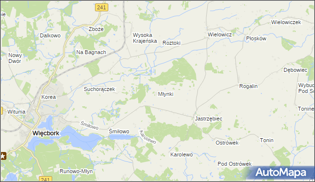 mapa Młynki gmina Więcbork, Młynki gmina Więcbork na mapie Targeo