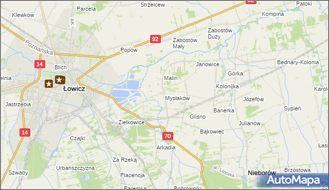 mapa Mysłaków gmina Nieborów, Mysłaków gmina Nieborów na mapie Targeo