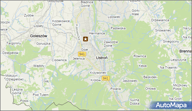 mapa Ustroń powiat cieszyński, Ustroń powiat cieszyński na mapie Targeo