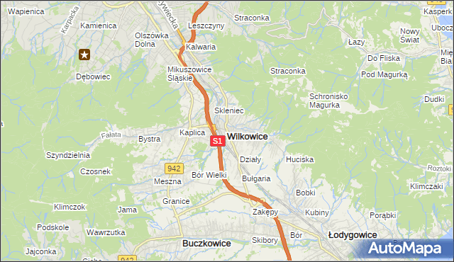 mapa Wilkowice powiat bielski, Wilkowice powiat bielski na mapie Targeo