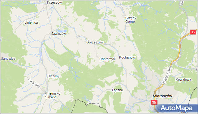 mapa Dobromyśl gmina Kamienna Góra, Dobromyśl gmina Kamienna Góra na mapie Targeo