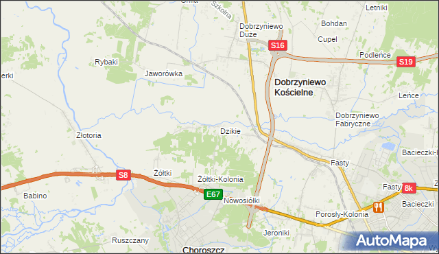mapa Dzikie gmina Choroszcz, Dzikie gmina Choroszcz na mapie Targeo