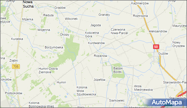 mapa Różanów gmina Wiskitki, Różanów gmina Wiskitki na mapie Targeo