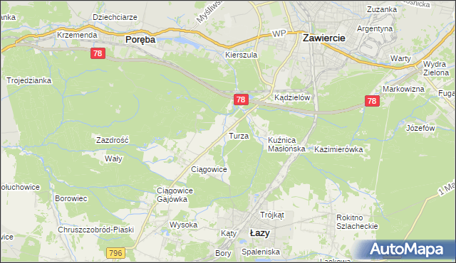 mapa Turza gmina Łazy, Turza gmina Łazy na mapie Targeo